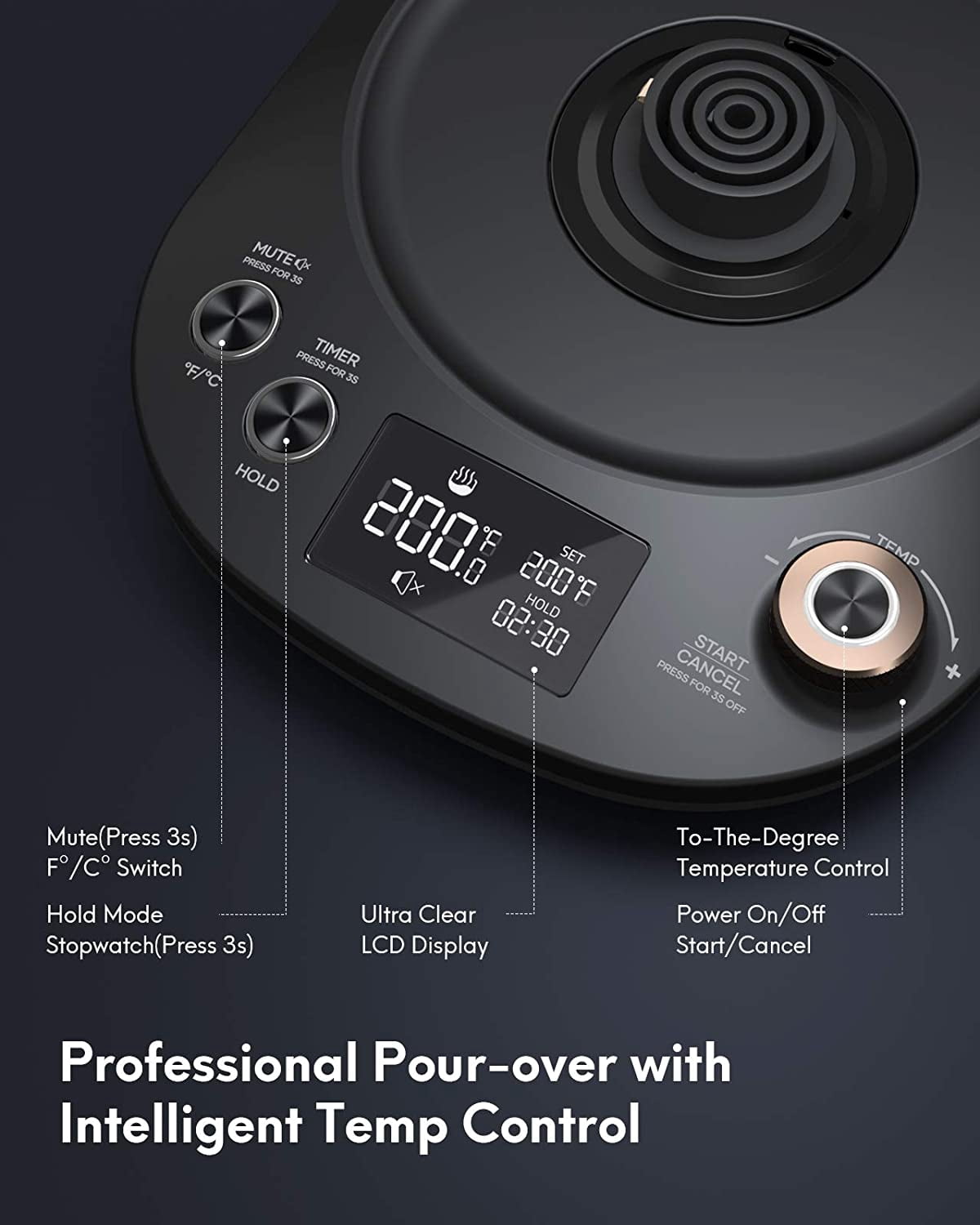 Gooseneck Kettle Temperature Control, Pour Over Electric Kettle for Coffee and Tea, 100% Stainless Steel Inner, 1200W Rapid Heating, 0.8L, Built-in Stopwatch