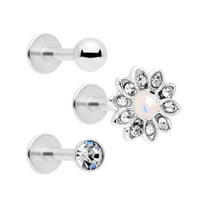 Body Candy 3Pc 16G 316L Steel Blooming Flower Internally Threaded Labret Monroe Lip Ring Tragus Set 8mm