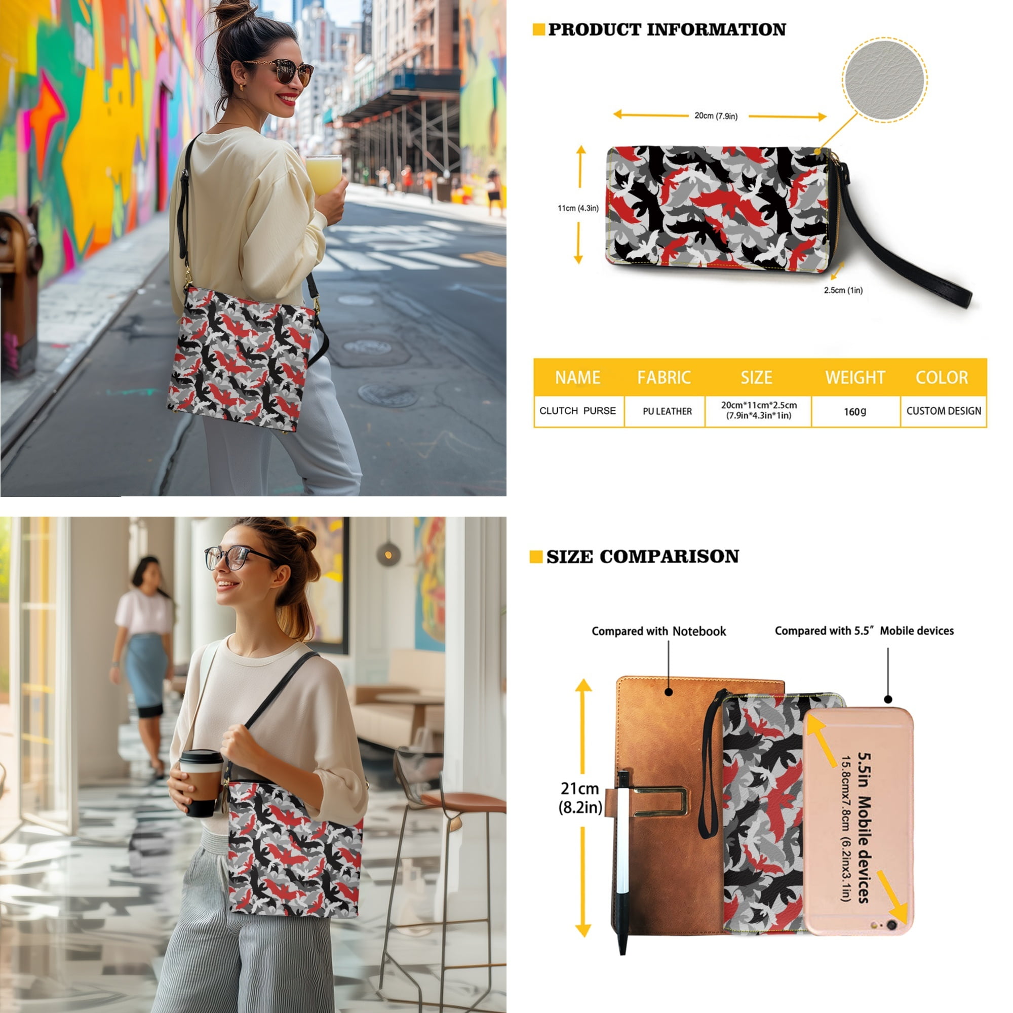 ZUXONGSY Halloween Bat Print Large Crossbody Handbag with Leather Wallet for Women, Waterproof Bucket Bag Tote Purse Set for Shopping Working