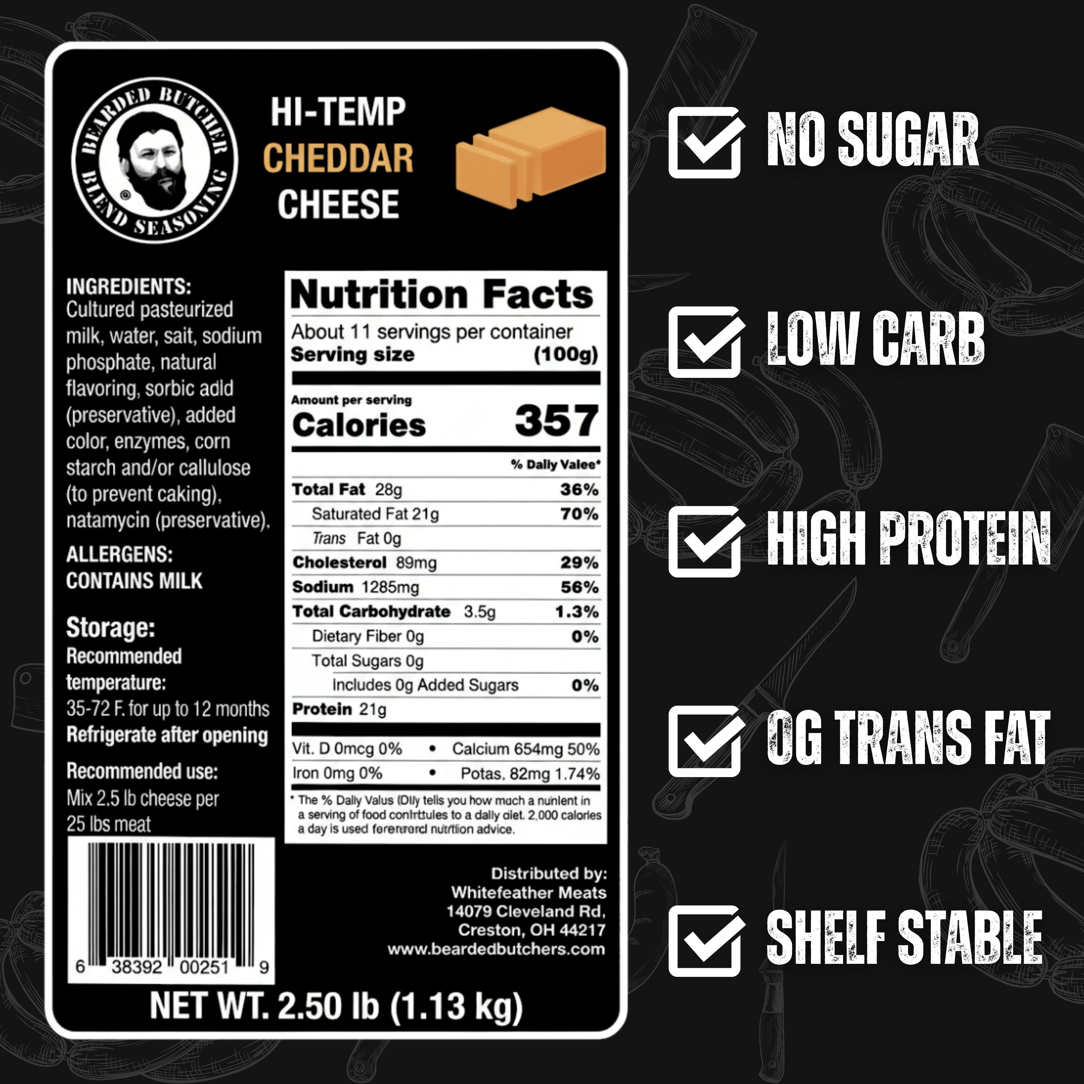 The Bearded Butchers High-Temp Cheddar Cheese 2.5 lb – 1/4" Cubes for Sausage, Brats & More, Shelf-Stable