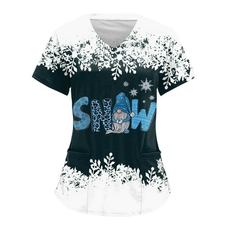 

Women s Holiday Scrub Tops Christmas Print For Short Sleeve Pocket V Neck Workwear T Shirt Top