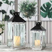 JHY DESIGN 2 Set of 14/19''H Stainless Steel Candle Lanterns(Silver Body, Black Top)