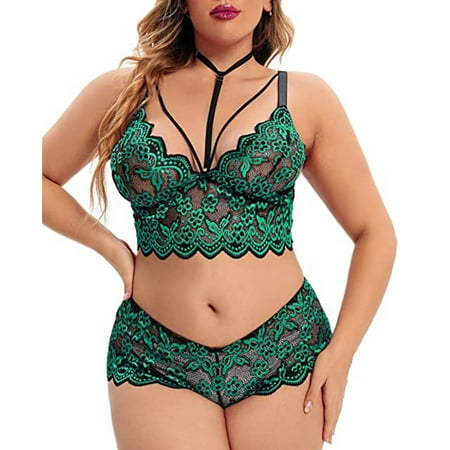 

Underwear for Women Set Bra And Panty Plus Size Lingerie V Neck High Waist Floral Lace Criss Cross Bra And Panty 2 Piece Set No Underwire Cotton Green