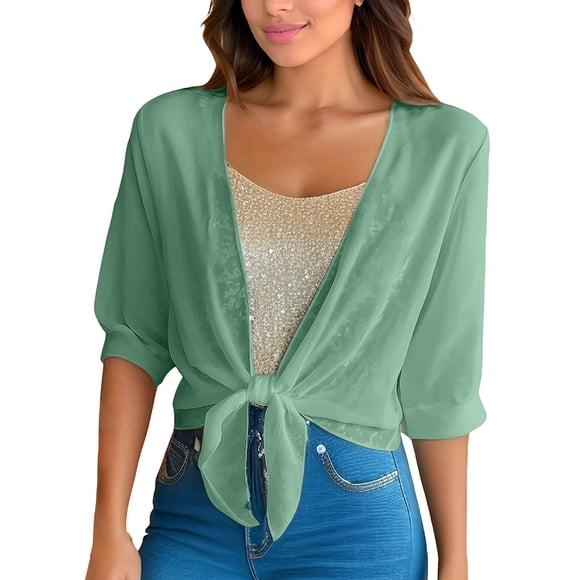 Brnmxoke Sheer Cardigan Sweaters for Women Summer Elegant Casual Thin Chiffon Shrug Tie Open Front Half Sleeve Cropped Bolero Cardigans Mint Green,XXL