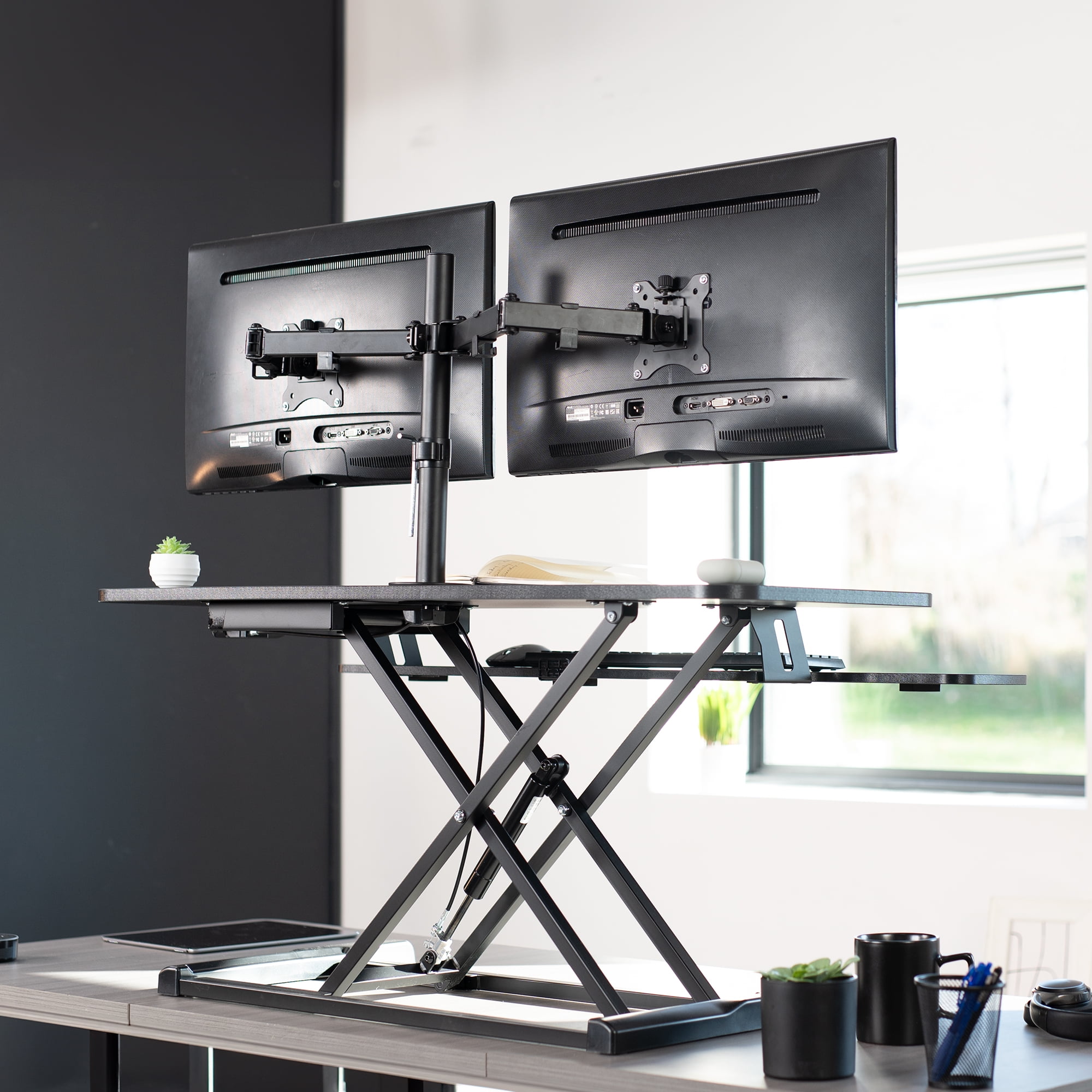 VIVO Black 42" Standing Desk Riser with Adjustable Dual 13" to 30" Monitor Mount