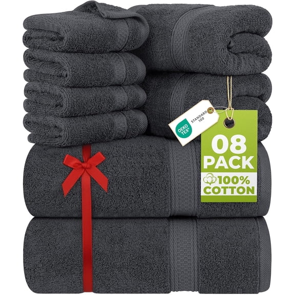 8 Piece Luxury Towel Set – Majestic Plush, Super Absorbent & Quicker-to-Dry, Thick 100% Ring Spun Cotton Towels for Bathroom, Spa & Hotel – 2 Bath, 2 Hand, 4 Washcloths, Grey