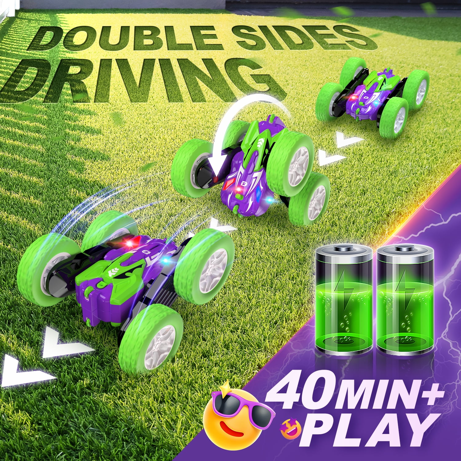 DEERC Remote Control Car, Double-Sided Driving RC Stunt Cars, 360° Spin 4WD Off-Road Car W/Dual Motors LED 2.4GHz Indoor/Outdoor Toy for Boys Age 4-7
