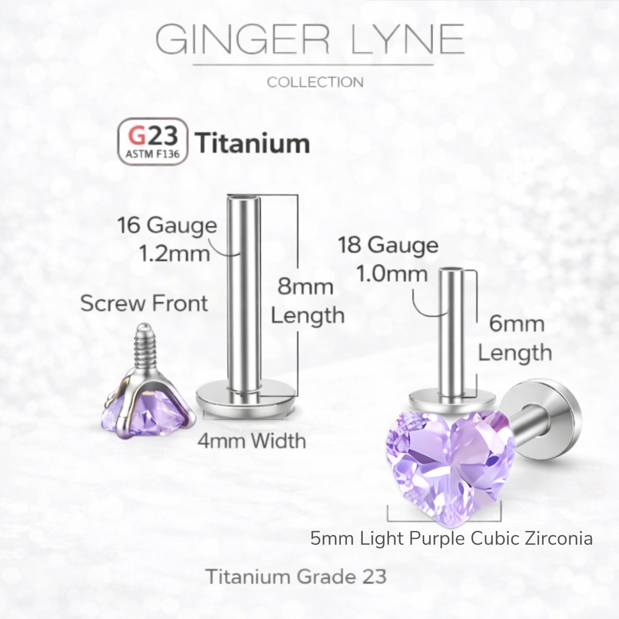 Small Heart CZ Solitaire Flat Back Stud Earrings Body Piercings by Ginger Lyne 2 Sets Post 6mm 8mm Included