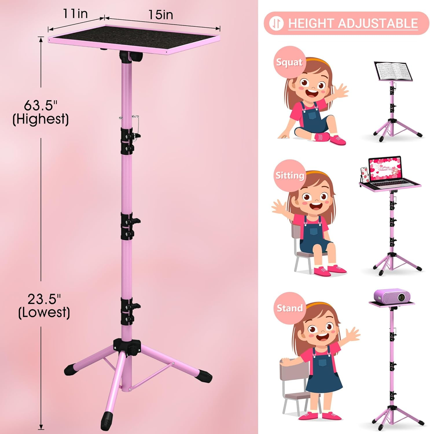 Projector Stand Tripod, Laptop Tripod Stand Adjustable Height from 23.5 to 63.5 inches with Gooseneck Phone Holder, Laptop Floor Stand for Office, Home, Stage, Studio, DJ Racks Holder Mount,Pink