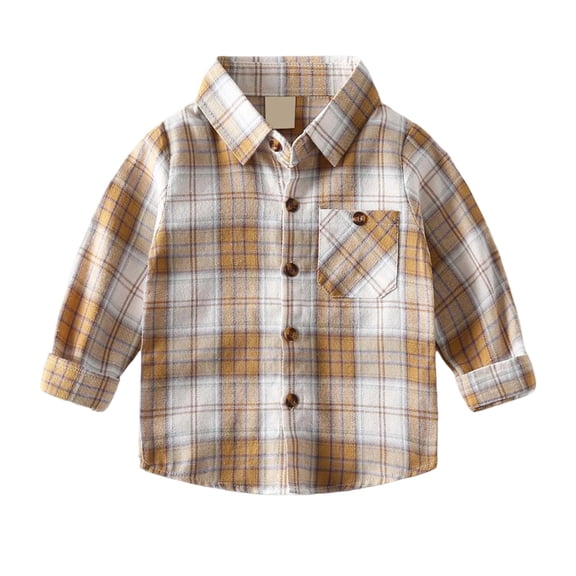 FINALGANG Boys Kids Collared Long Sleeve Plaid Flannel Shirt With Button Front Bust Pocket Casual Plaid Top For Toddlers Daily Wear Outdoor Activities Lightweight Top