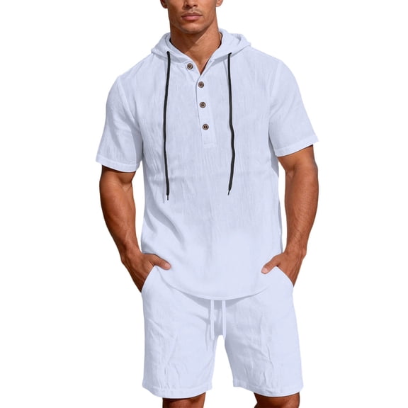 Linen Outfits for Men 2 Piece Outfits Big and Tall Short Sleeve Button Down Hoodies & Elastic Waist Shorts with Pockets Sets Casual Tracksuits Loungewear 2026 Summer Vacation Outfits