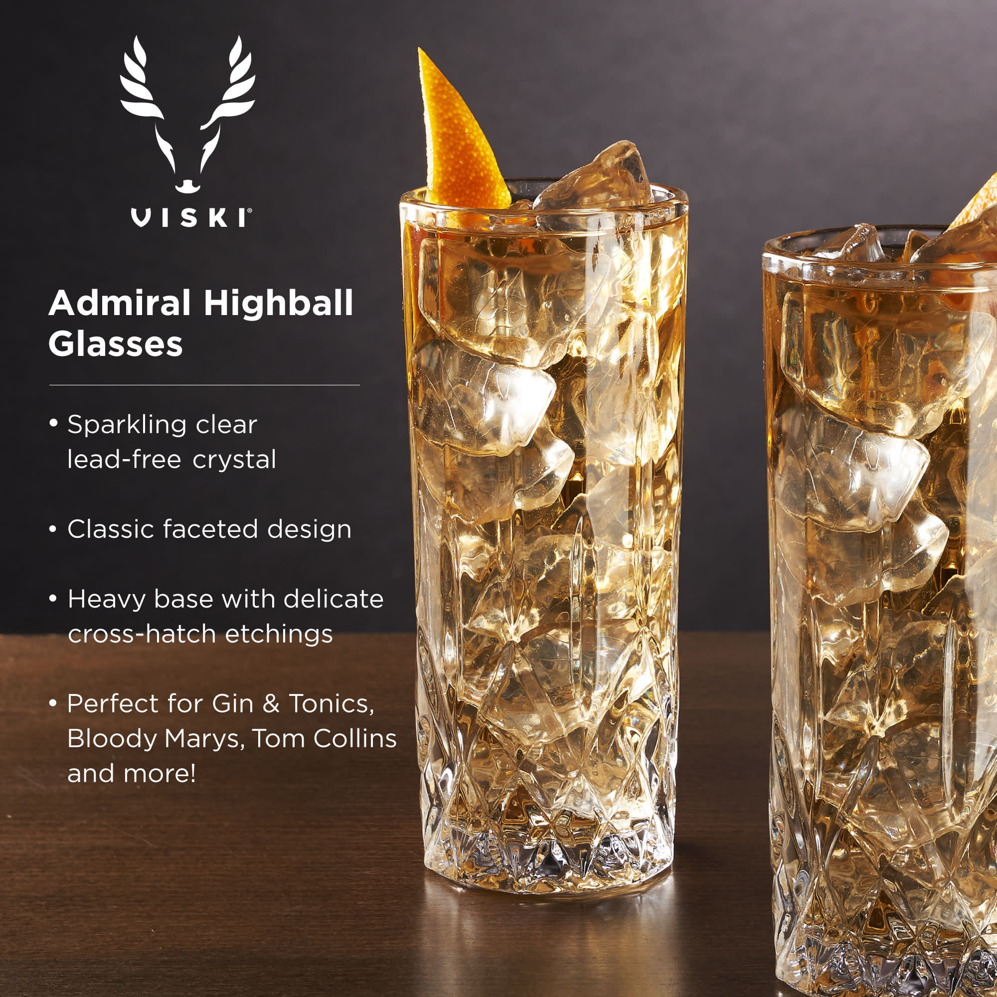 Viski Admiral Highball Glasses Cut Crystal Drinking Glasses Tall Cocktail Glasses 9oz Set Of