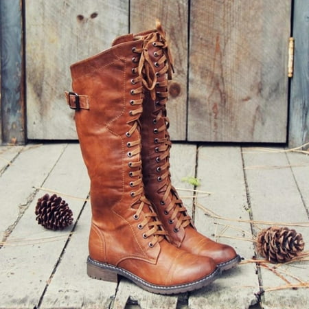 

Juebong Christmas Gifts Retro Lace Up Cowgirl Cowboy Boots For Women Round Toe Low Heel Long Tall Wide Mid Calf Combat Boots