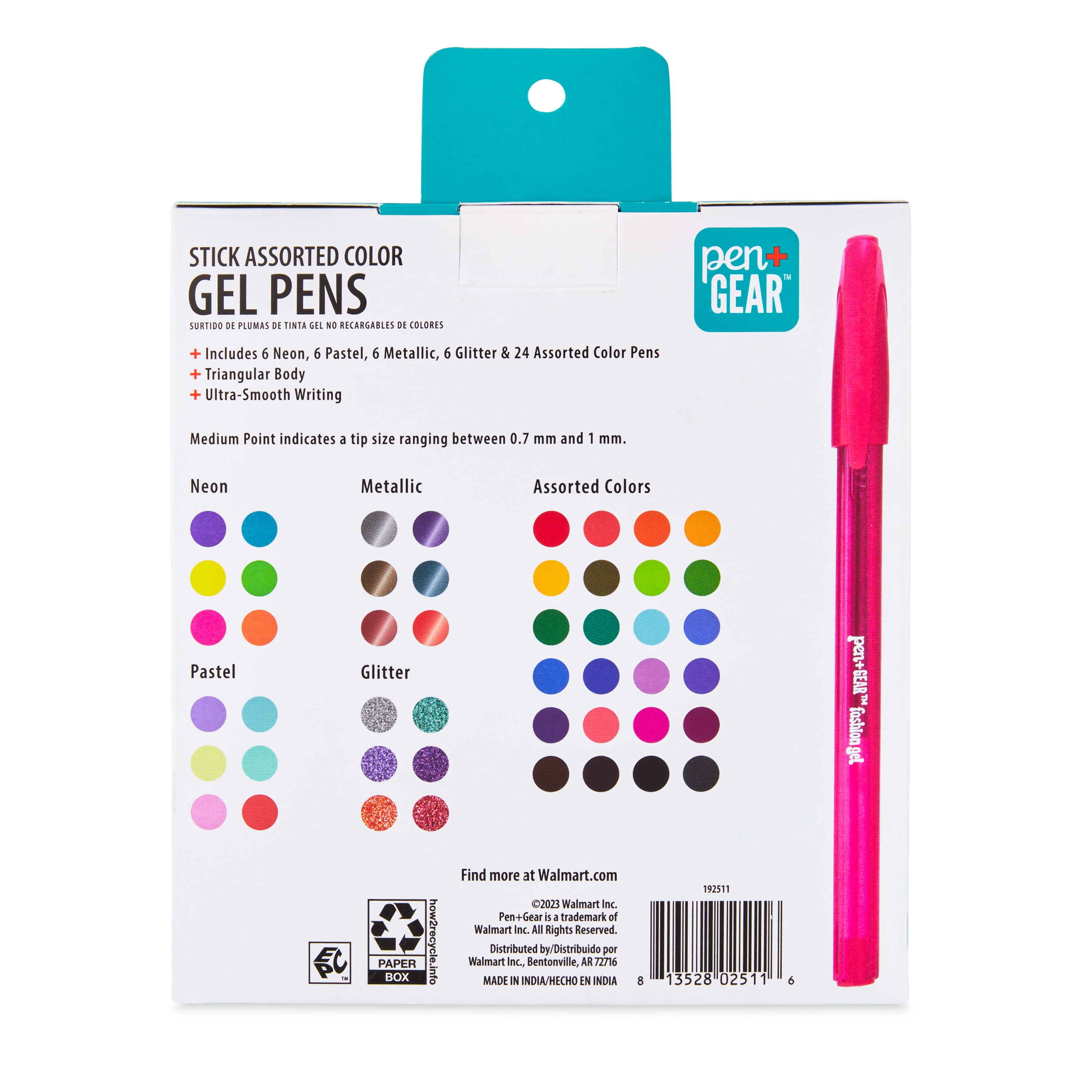 Gel Pen, Stick, Assorted Sizes, Assorted Ink Colors, Clear Barrel, 24/Pack  - SUPPLY66