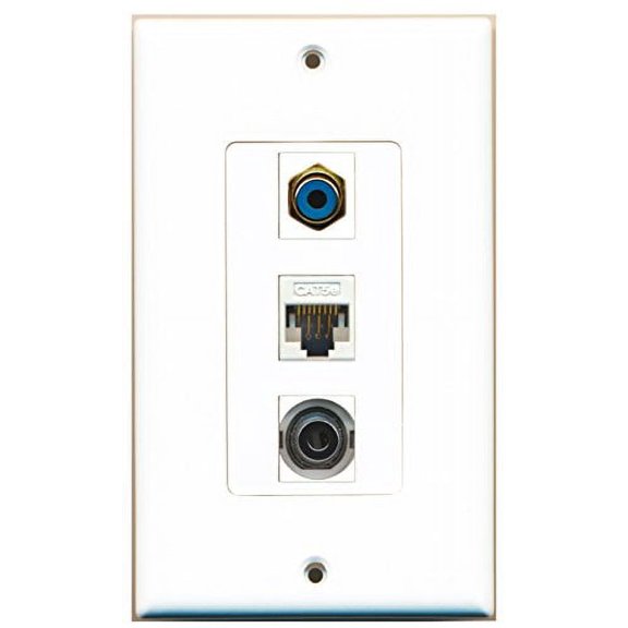 RiteAV - 1 Port RCA Blue and 1 Port 3.5mm and 1 Port Cat5e Ethernet White Decorative Wall Plate