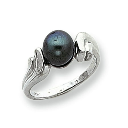 - 14k White Gold Polished 7mm Black Freshwater Cultured Pearl ring - Size 6