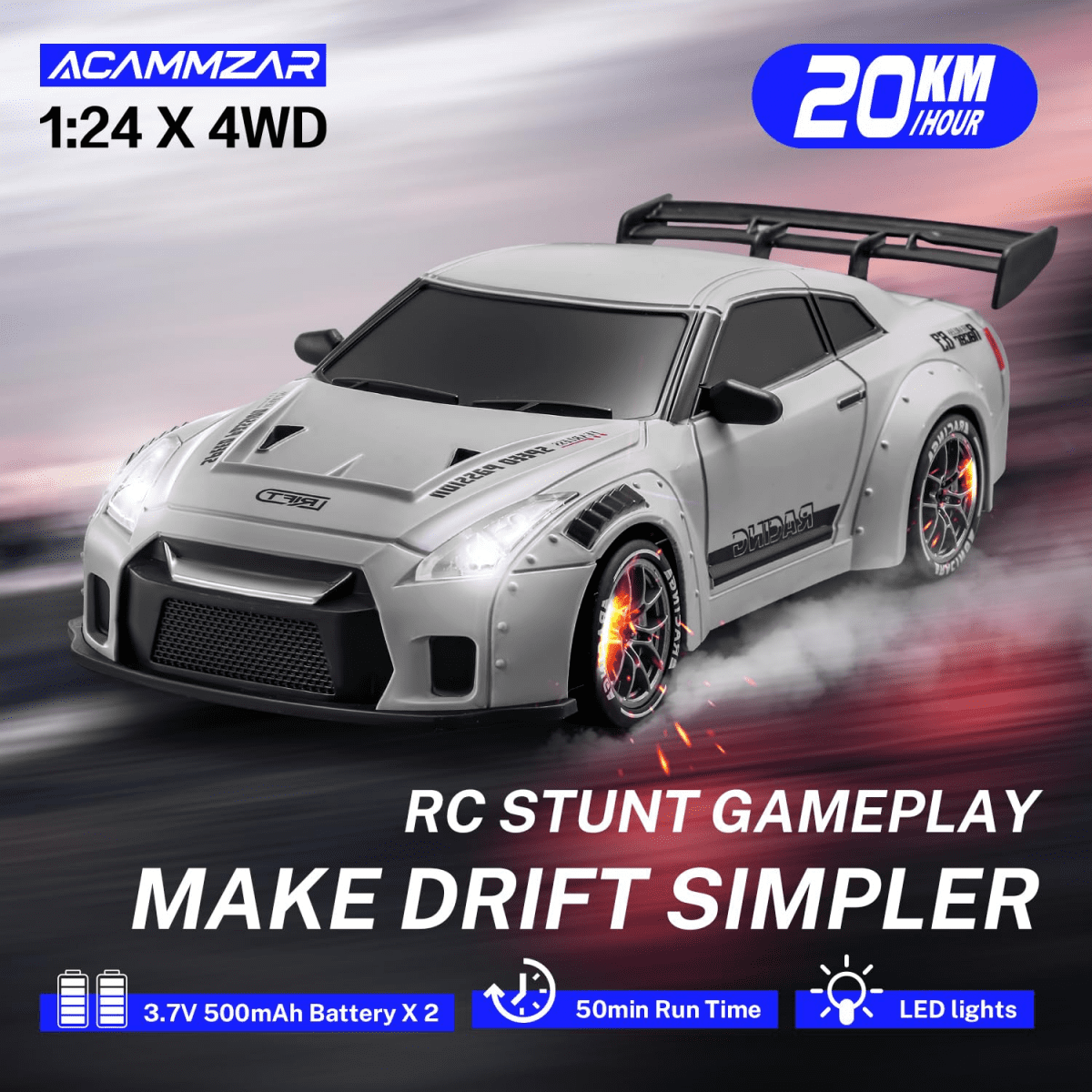 RC Drift Car for Adults, 1/24 Mini Remote Control Car 4WD RC Race Cars with Lights Dual Tires Batteries for Kids Christmas Birthday Gifts