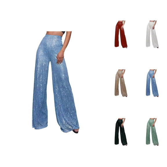 Sequin Pants Women 2026 Trendy Sequin High Waisted Flowy Loose Shiny Wide Leg Rave Pants
