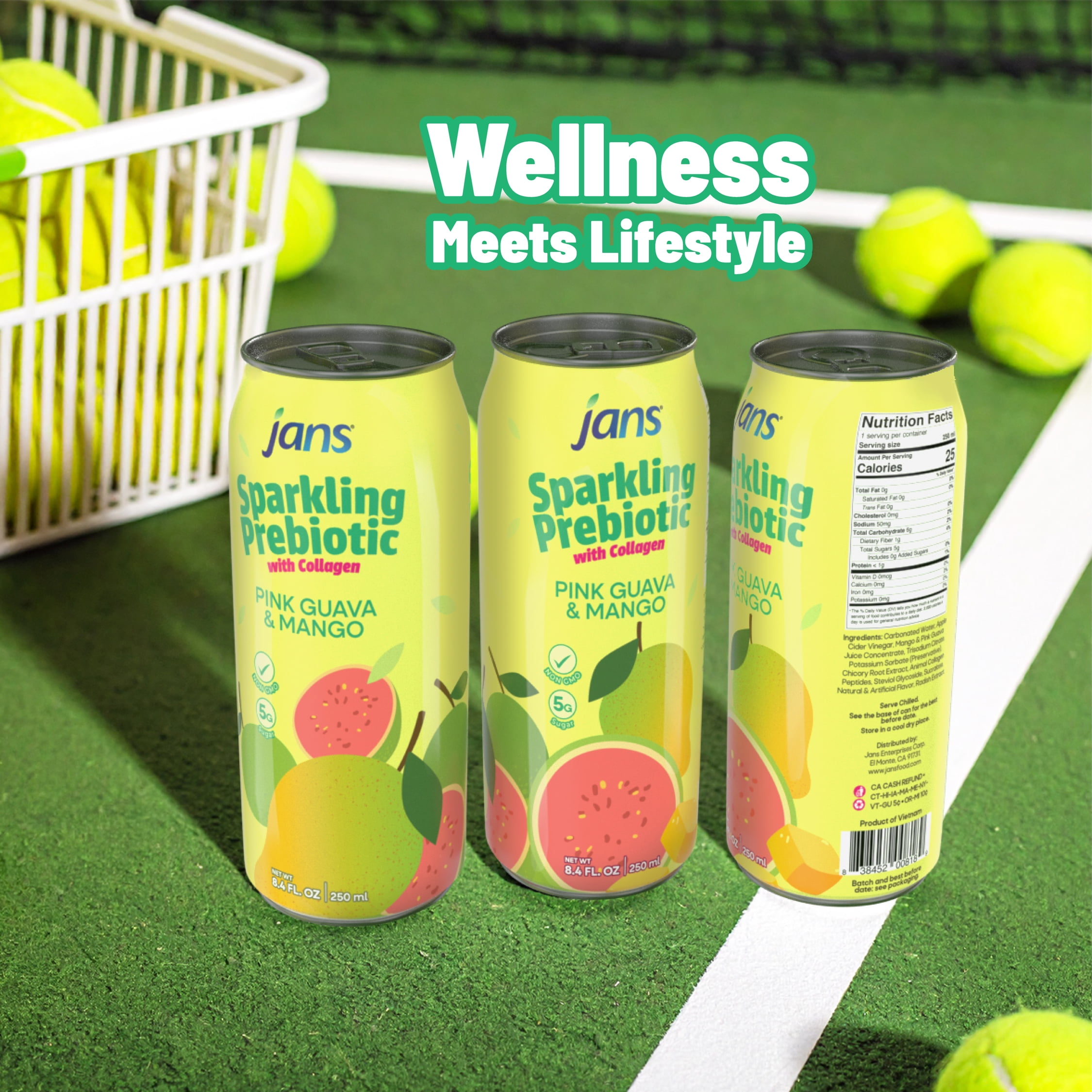 Jans Sparkling Prebiotic Soda Beverage, 8.4 oz – Low Calorie, No Added Sugar – Non-GMO Sparkling Fruit Beverage – Gut Health Support – Naturally Refreshing (24-Pack, Pink Guava & Mango with Collagen)