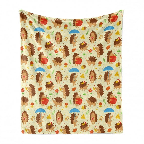 Hedgehog Soft Flannel Fleece Blanket, Cartoon Style Woodland Animal in Various Activities on Colorful Dotted Background, Cozy Plush for Indoor and Outdoor Use, 50" x 70", Multicolor, by Ambesonne