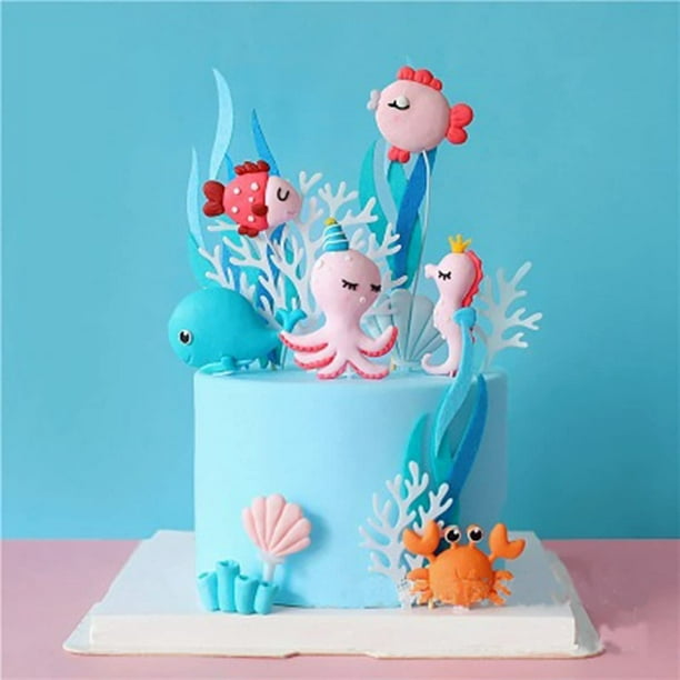 11pcs Cute Sea Animals Cake Topper Octopus Blue Whale Seahorse Fish Crab  Seaweed Coral Cake Decor Mermaid Party Decor 1st Birthday Decorations Baby