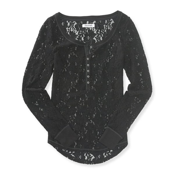 Aeropostale - Camiseta henley de encaje floral transparente para mujer, negro, extragrande Aeropostale henley