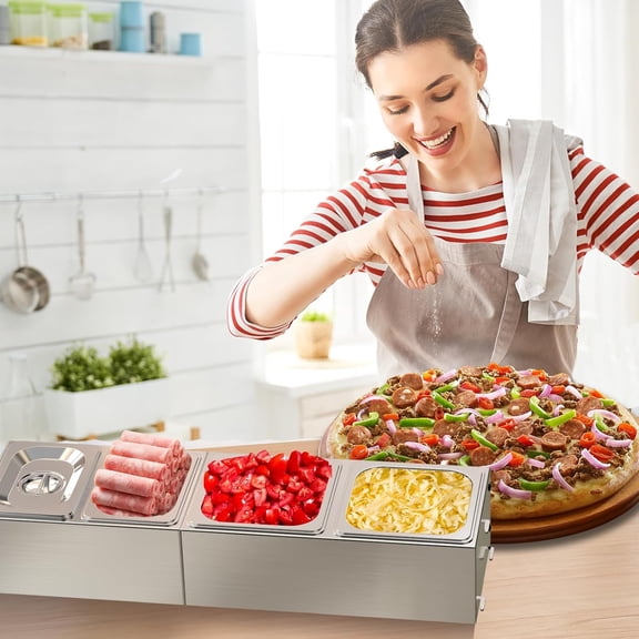 Pizza Topping Station for Grill Cart - Stainless Steel Condiment Serving Container with Lid, 4 Compartment Trays for Outdoor Grill Stand and Kitchen Prep