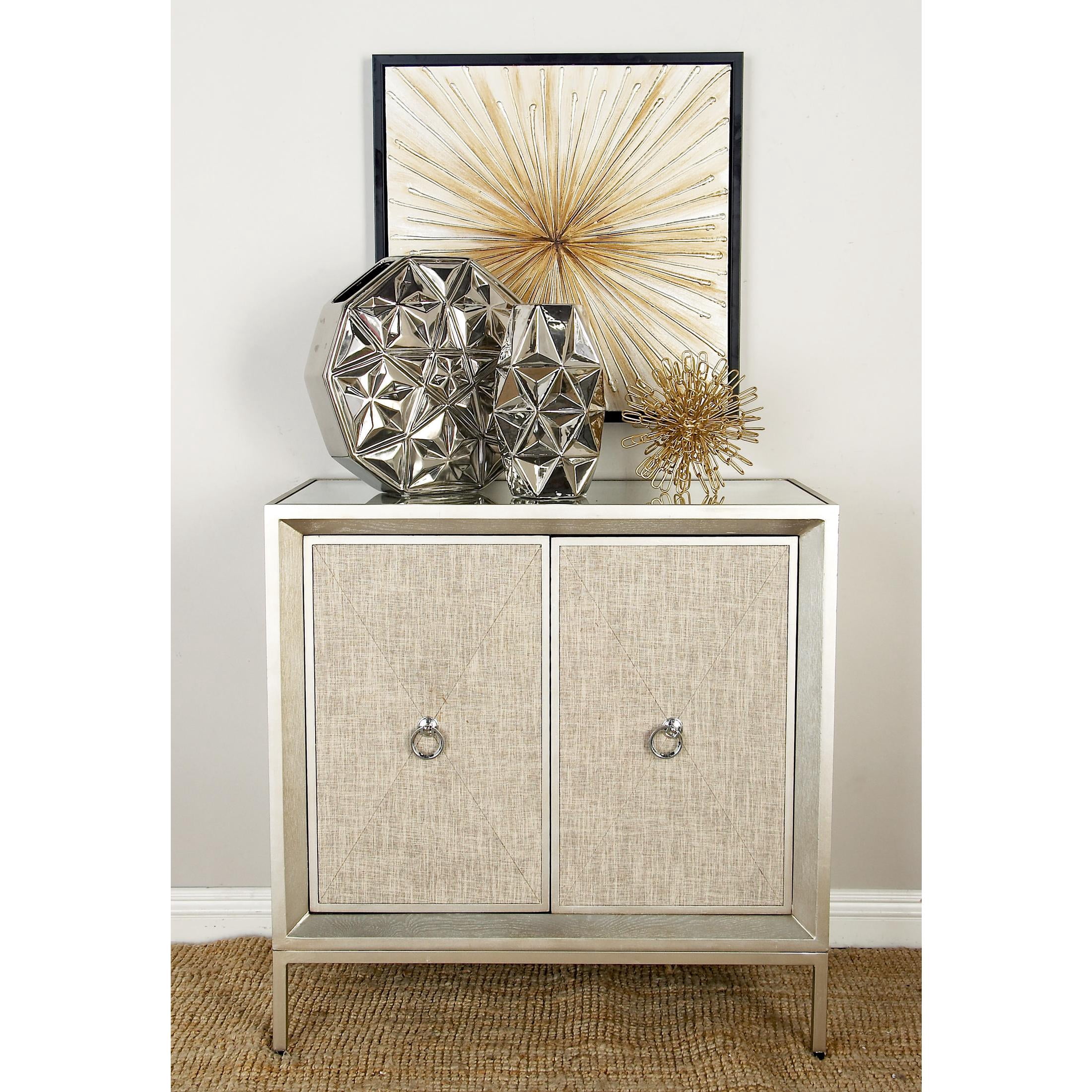 DecMode 32" x 32" Beige Wooden Upholstered Front Panel 2 Door Cabinet with Mirrored Top and Ring Handles, 1-Piece