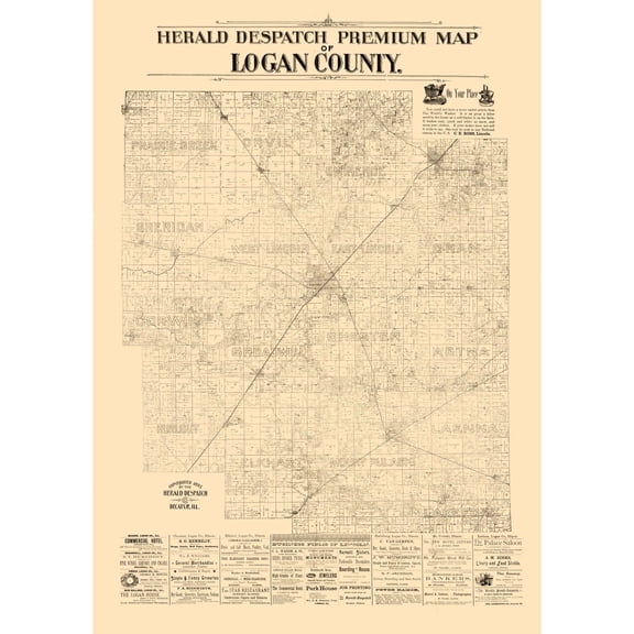 Historic County Map - Logan County Illinois - Herald Despatch 1861 - 23 x 32.52 - Vintage Wall Art