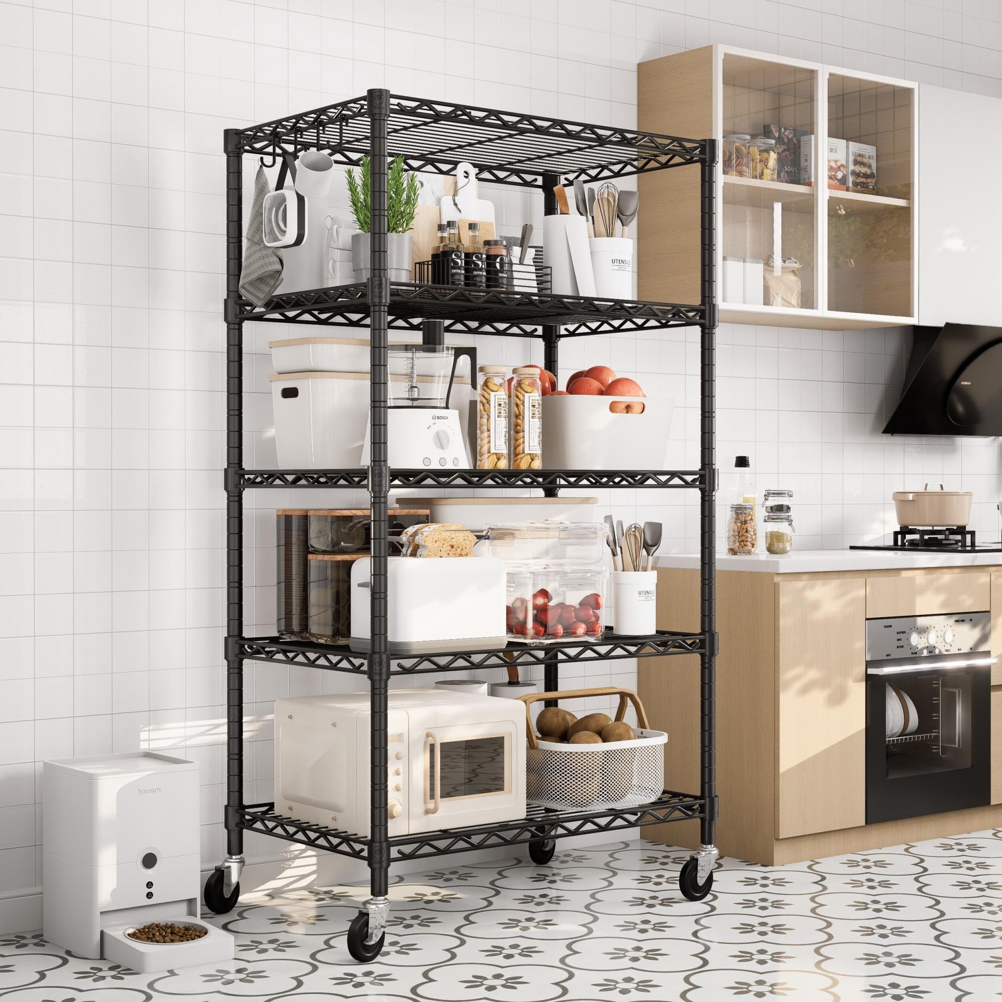 Prilinex 5-Tier Wire Shelving with Wheels 24"W x 18"D x 72"H Adjustable Heavy Duty Steel Wire Rack, Metal Storage Shelves for Kitchen Pantry, Rolling Garage Shelving Unit, Black