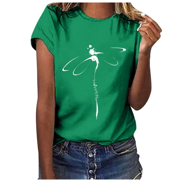Fgnfyis Hauts pour Femmes T-Shirt Décontracté à Lettres Col Rond Manches Courtes Tunique T-Shirts pour Femmes Vert G