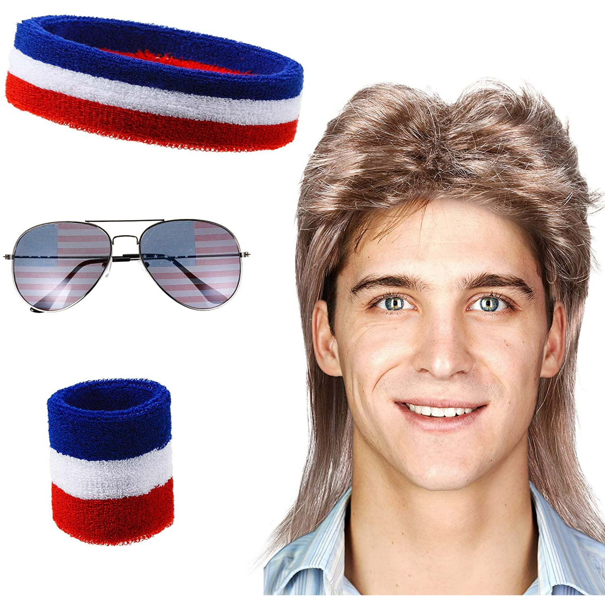 Men s Retro 80s Mullet Wig Punk Rocker Disco Mullet Wig USA Headband Wristband American Flag Sunglasses Chic Style