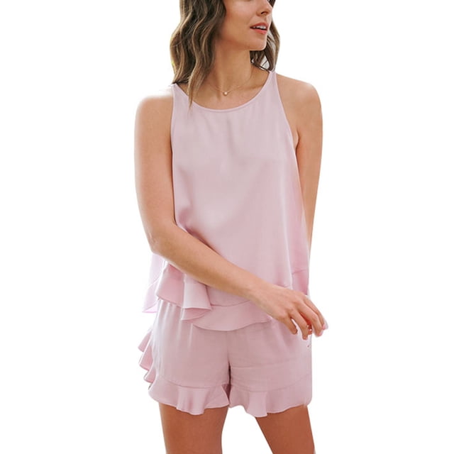 Conjunto de pijamas cortos sin mangas, cuello redondo, cómodo, suave, dobladillo con volantes, cintura elástica, pantalones cortos sueltos, conjunto de pijamas para dormitorio