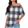thumbnail image 2 of Inverlee Womens Short Sleeve Plaid Shirts Off Shoulder Tops Summer Casual Loose Outfit, 2 of 6