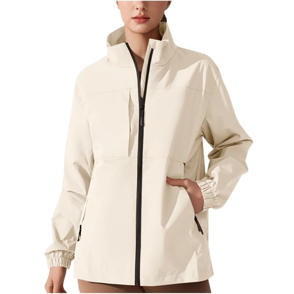XUNKUSGA Jackets for Women Fashionable Stand Collar Zipper Casual Outerwear Lightweight Breathable Windproof Windbreaker Jacket Women Running Golf Hiking