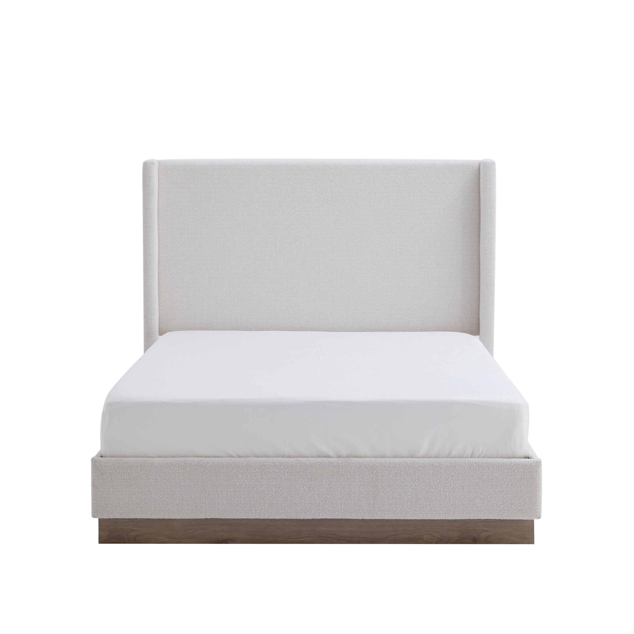 Noble House Hosford Full Boucle Upholstered Wingback Bed, Wood Base Platform Bed with Headboard, Cream White