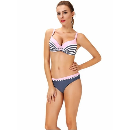 Pink Bathing Suit - LELINTA Women's Bikini Set Push Up Stripe Swimsuits Top with Candy Bottom Swimwear Bathing Suits Pink