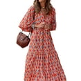 thumbnail image 5 of Michellecmm Women Geometric Print Long Dress, V-neck Puff Long Sleeve Loose Fashion Dress, 5 of 9