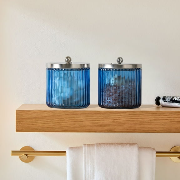 KMwares 2-Pack Glass Bathroom Jars - Blue Stripes Glass with Lids Cotton Ball, Q-Tip, Swab, and Floss Holder - Modern Organizer for Bathroom, Vanity Decorative Countertop Storage (Cobalt Blue)