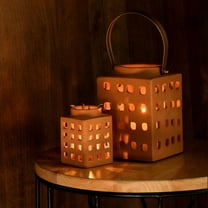 Lupa Terracotta Square Lantern with Metal Handle - Large | Rustic Elegance for Your Space-7X5.1X7.4"