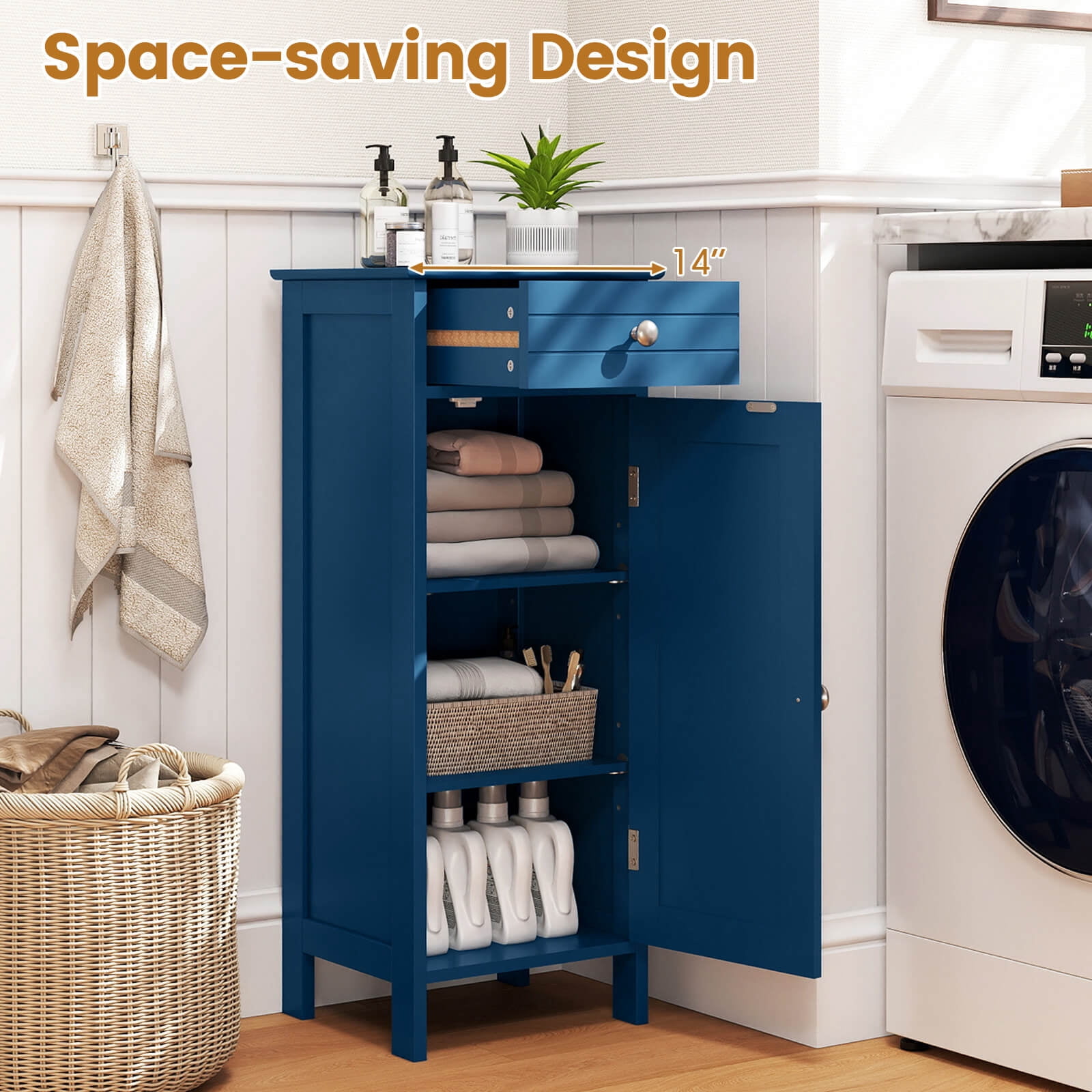 Costway Bathroom Floor Cabinet Storage Organizer Free-Standing with Drawer Gray Blue