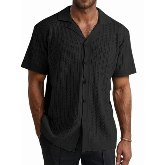 Mens Knit Shirt Short Sleeve Plain Button Down Beach Vacation Shirt Casual Striped Summer Top Black XXXL