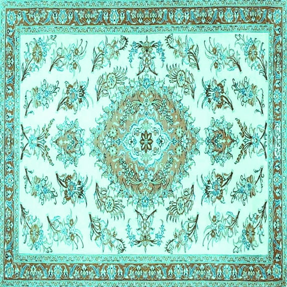 Ahgly Company Machine Washable Indoor Square Medallion Turquoise Blue Traditional Area Rugs, 7' Square