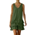 thumbnail image 2 of Women's Summer Dresses V Neck Sleeveless Linen Mini Dress with Tiered Ruffle Hem Going Out Party Outwear Dress Olive Green 2XL, 2 of 7