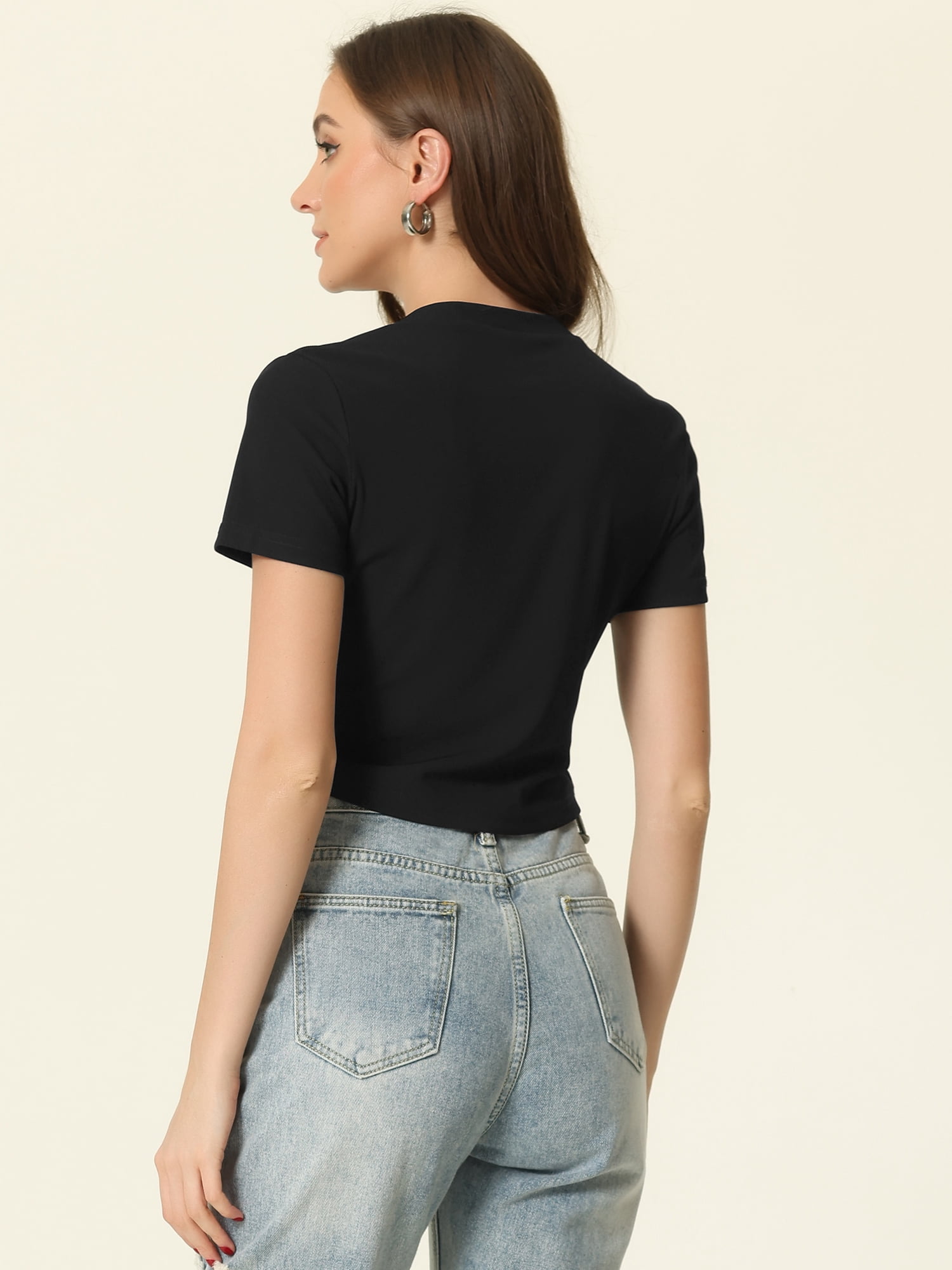 Unique Bargains Asymmetrical Crop Top for Women's Short Sleeve Square Neck T-shirt XS Black