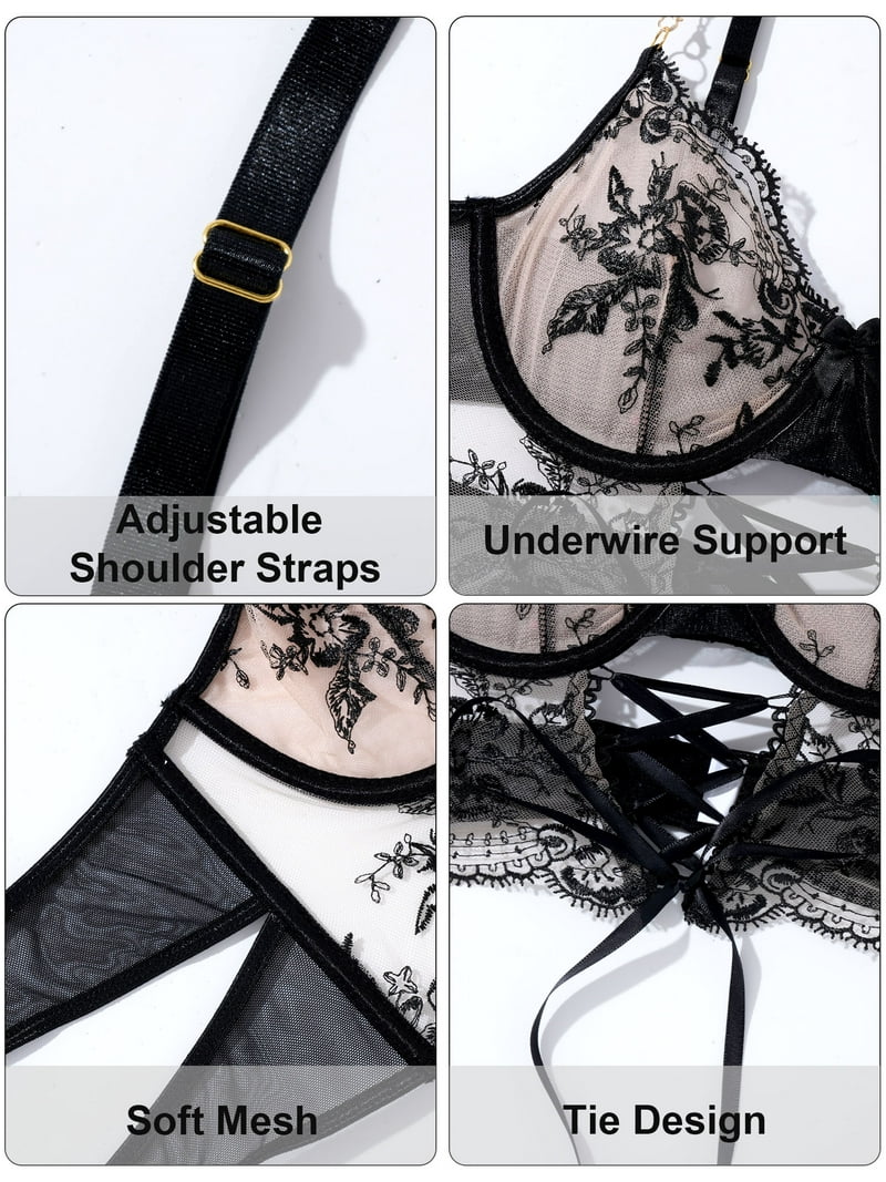 Ausing Womens Bra and Panty Sets Matching Underwear and Bralette Mesh Floral Embroidered Chain Strappy Push Up Underwear Outfit 2 Piece Black L