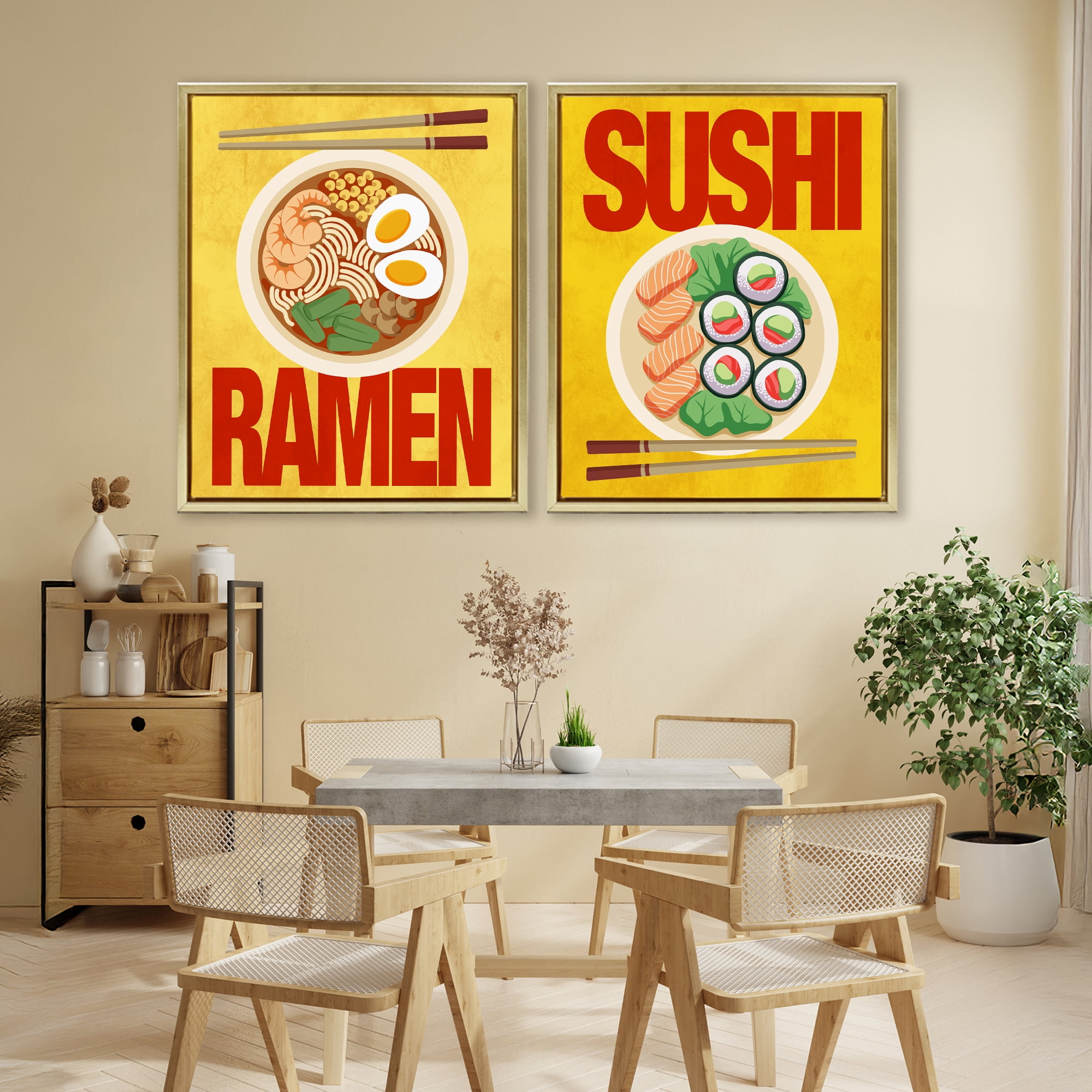 Stupell Industries Ramen & Sushi Japanese Cuisine 2 Piece Gold Framed Floater Canvas Set, design by Marcus Prime