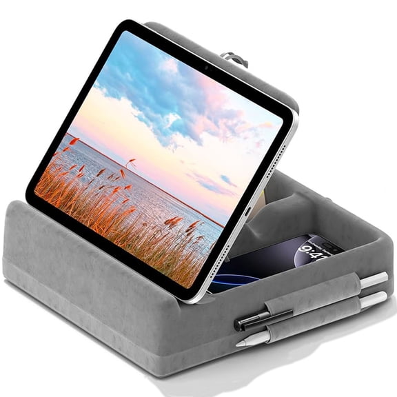 KDD Tablet Pillow Stand, iPad Tablet Stand with Storage, Foldable Adjustable Holder for Desk Bed Couch and Lap, Grey
