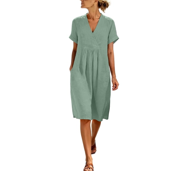 PRINxy Women's V Neck Short Sleeve Midi Dress with Pockets Casual Loose Cotton Linen Summer Dress for Daily Errands Outdoor Walks Mint Green XL