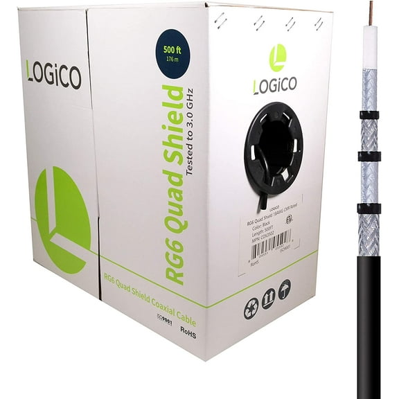 LOGICO RG6 Quad Shield 18 AWG Satellite TV Black 500' Feet ft Coaxial Coax Cable Wire